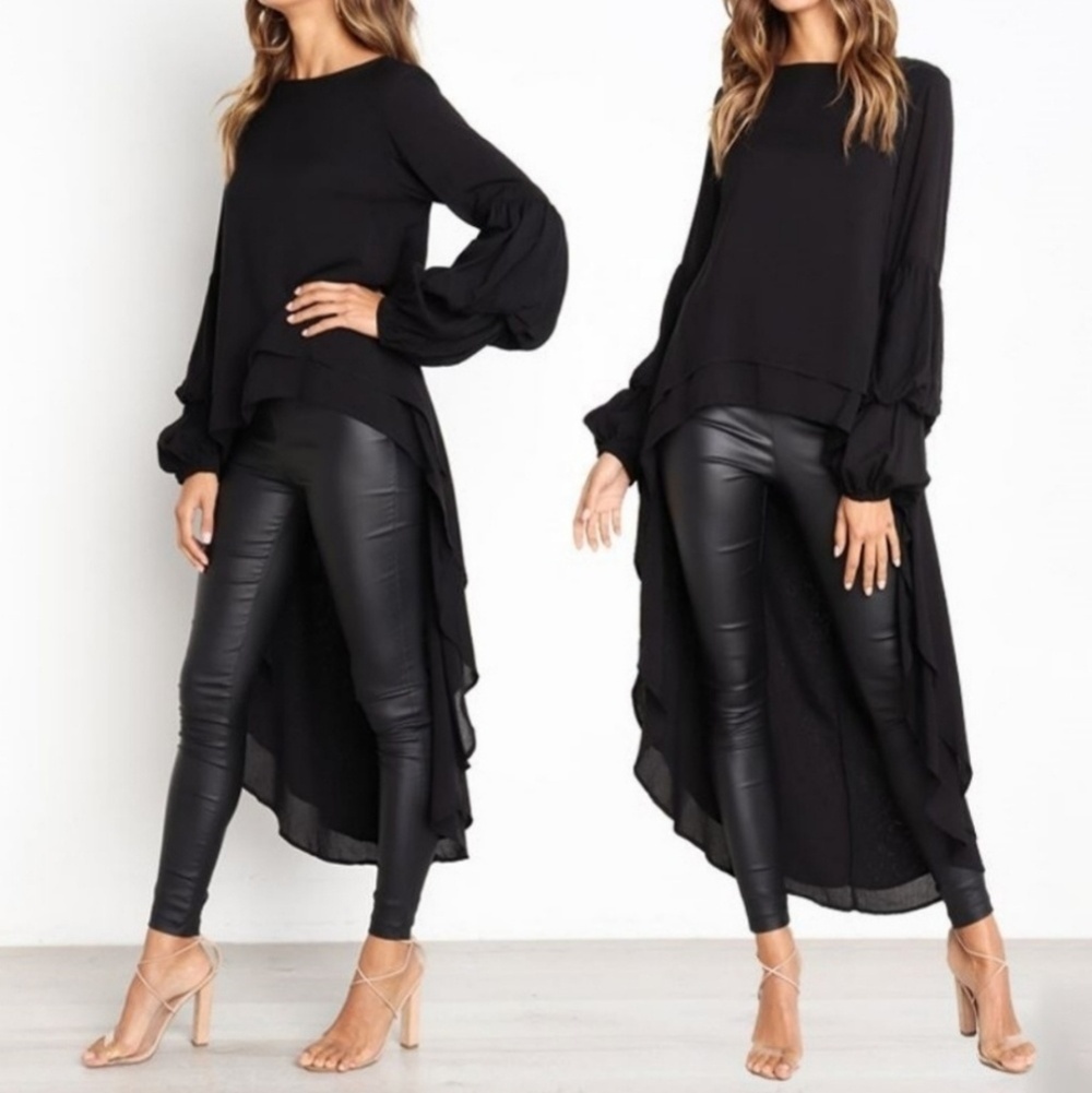 Boutique New Black Hem Dip Blouse Small Feminine High Low Hem Bateau Neck Celeb